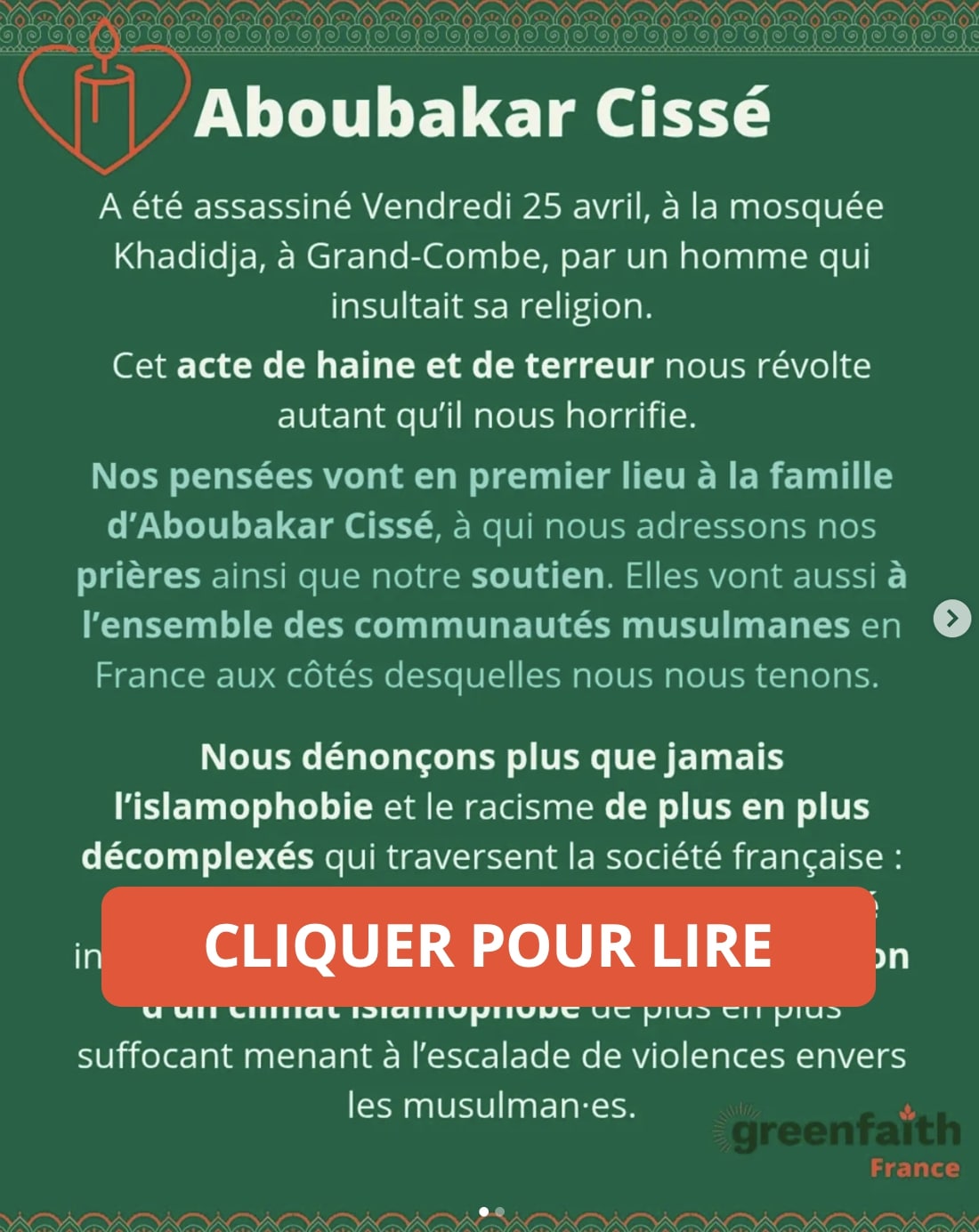 Message de GreenFaith France face à l'assassinat d'Aboubakar Cissé Message de GreenFaith France face à l'assassinat d'Aboubakar Cissé